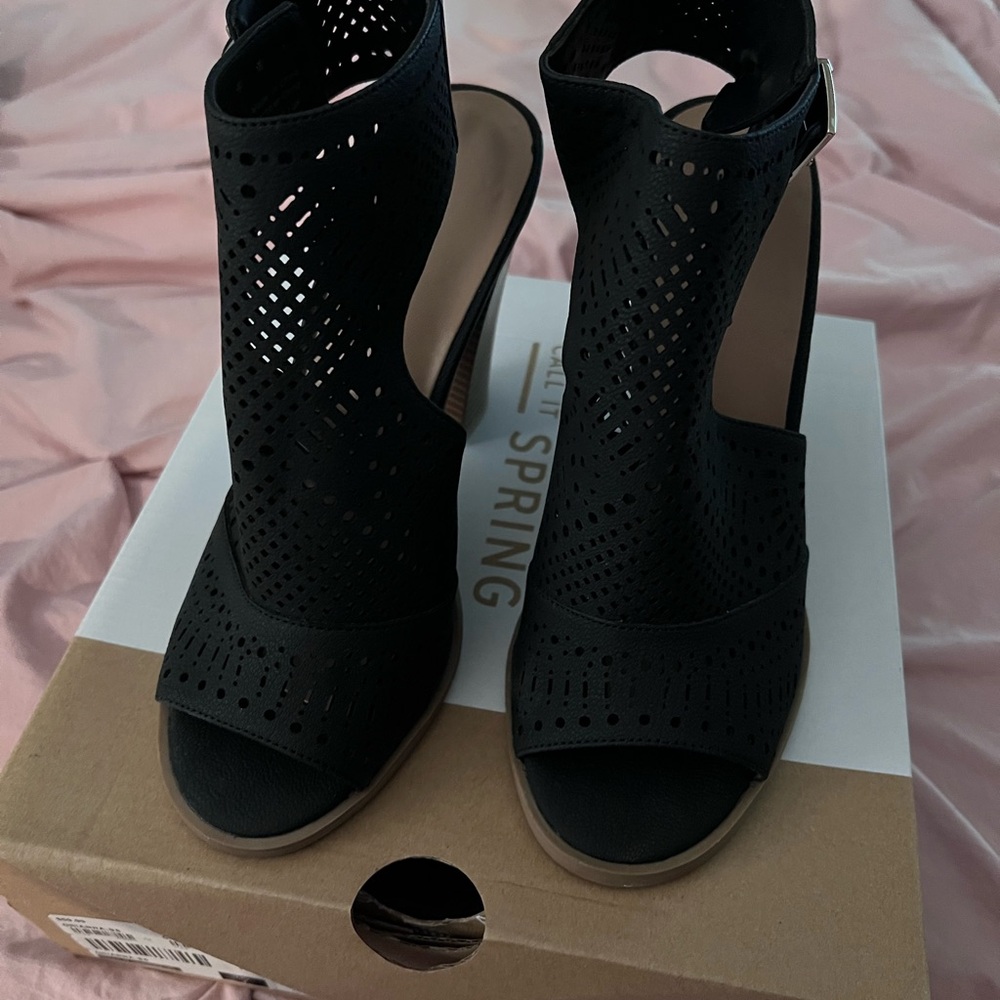 Call It Spring Black Perforated Peep-Toe Ankle Heels